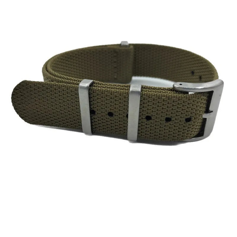 Nylon textile watch strap shown in army green colour, suitable for 20mm or 22mm watch lugs.