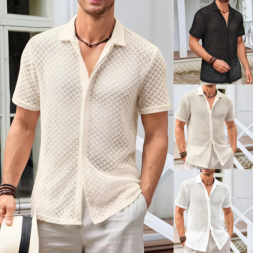 Men's beige short sleeve shirt with a lapel collar, laid flat.