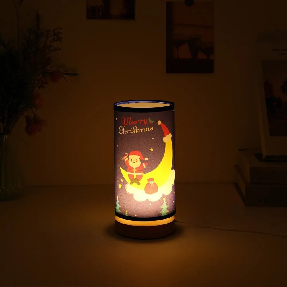 Moon Santa Claus figure LED night light with USB plug cable and bamboo lamp holder.