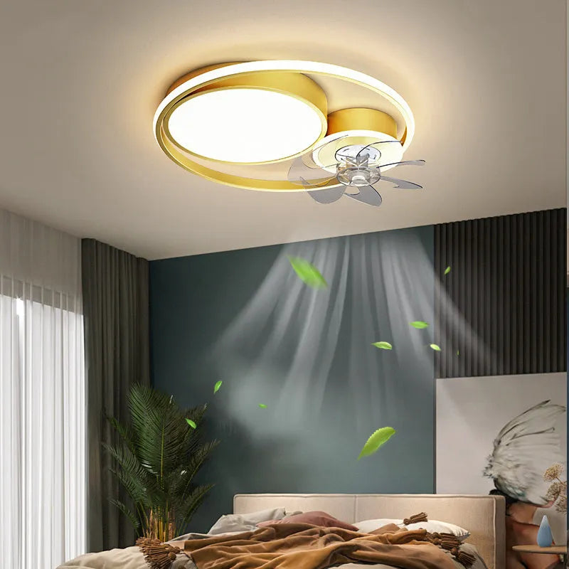 Nordic style ceiling fan with light, showing 48cm metal blades and an acrylic lampshade in a gold finish.