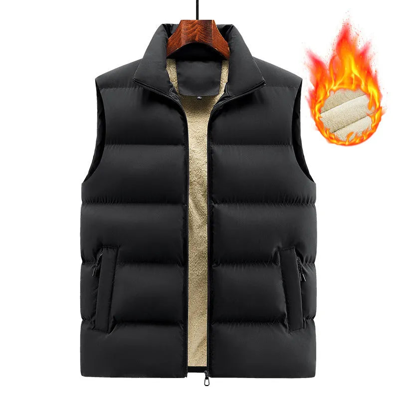 Man wearing a striped lambswool vest in black, showing the sleeveless design for autumn and winter.