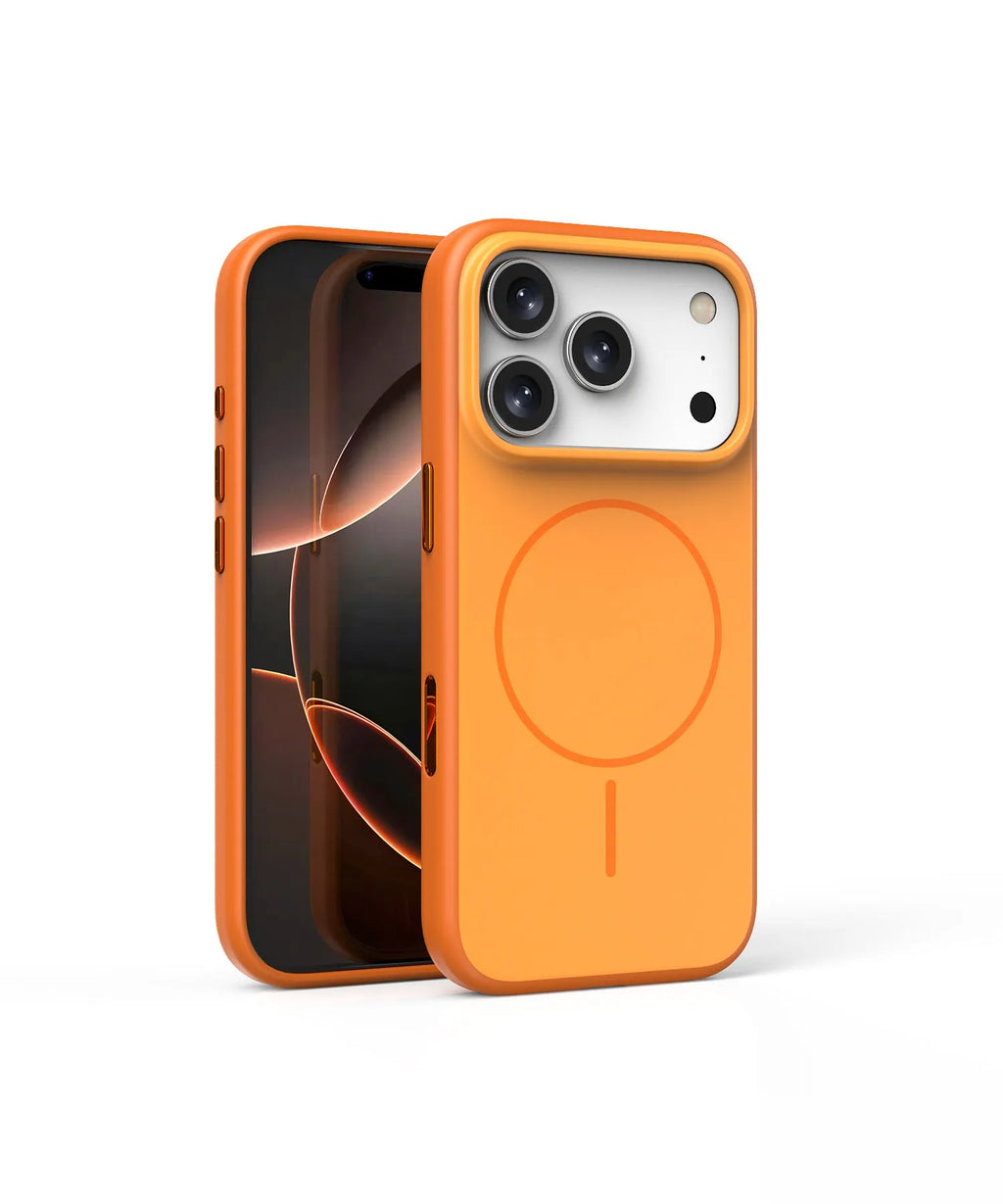 Magnetic iPhone case with AI photography button in frosted protective shell showing contrast colour design