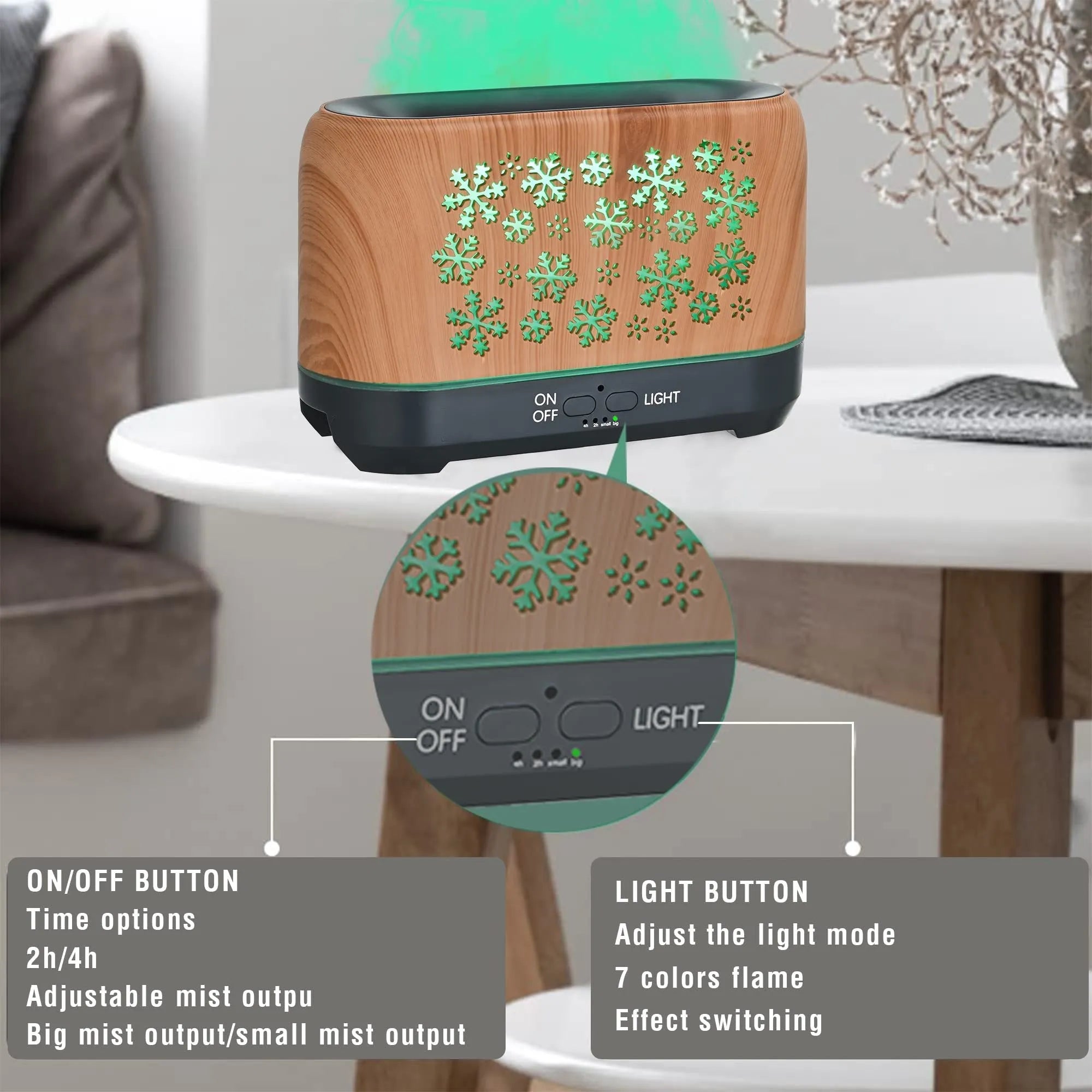 Square plastic humidifier with snowflake wood grain pattern and glowing flame effect light