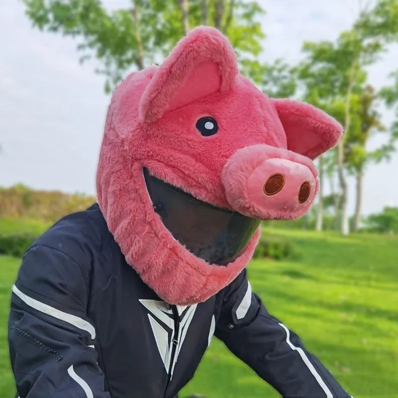 Pink pig cartoon plush protective hood for motorcycle helmets made from PV velvet cloth