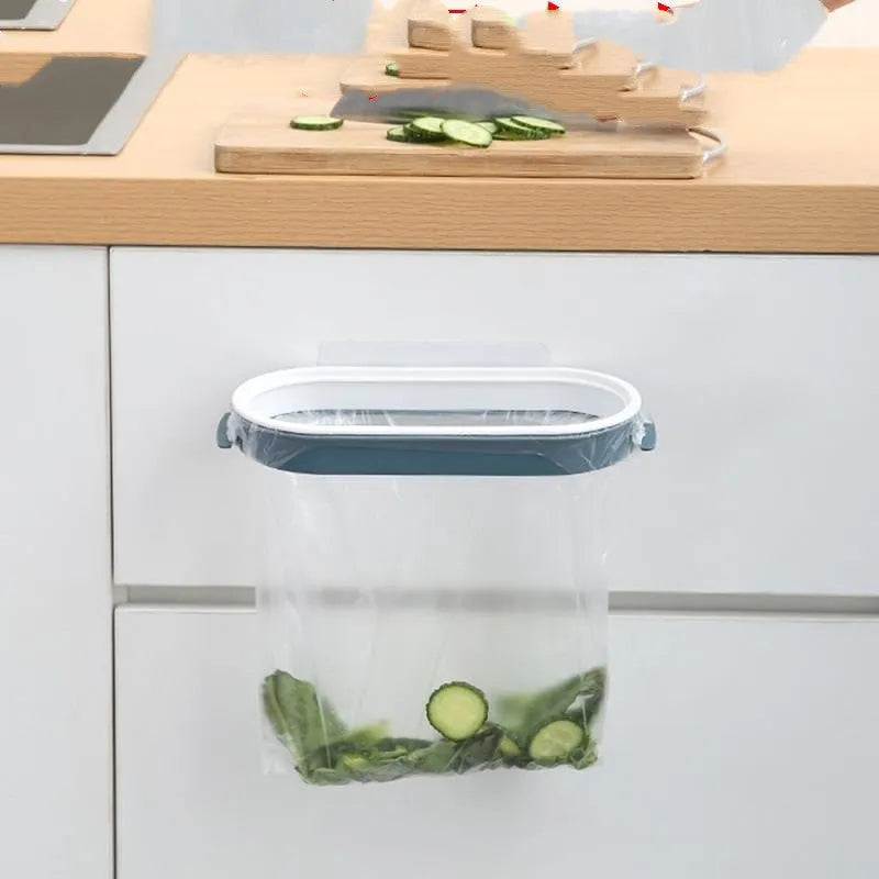 Blue plastic kitchen garbage bag storage rack for cabinet or bench organisation