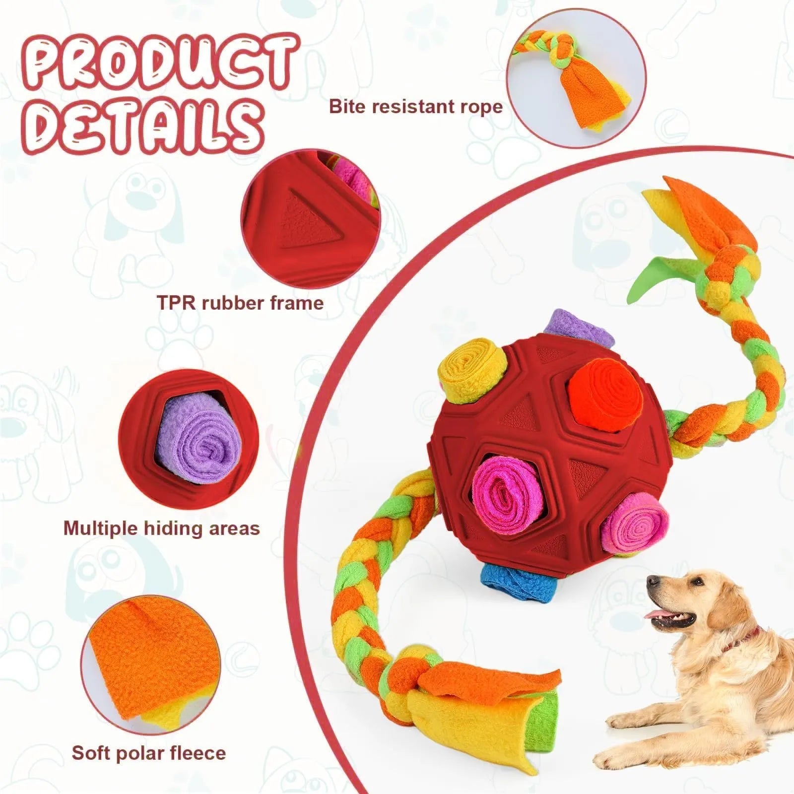 Blue thermoplastic rubber dog sniffing ball puzzle toy for IQ training and treat dispensing on a white background.