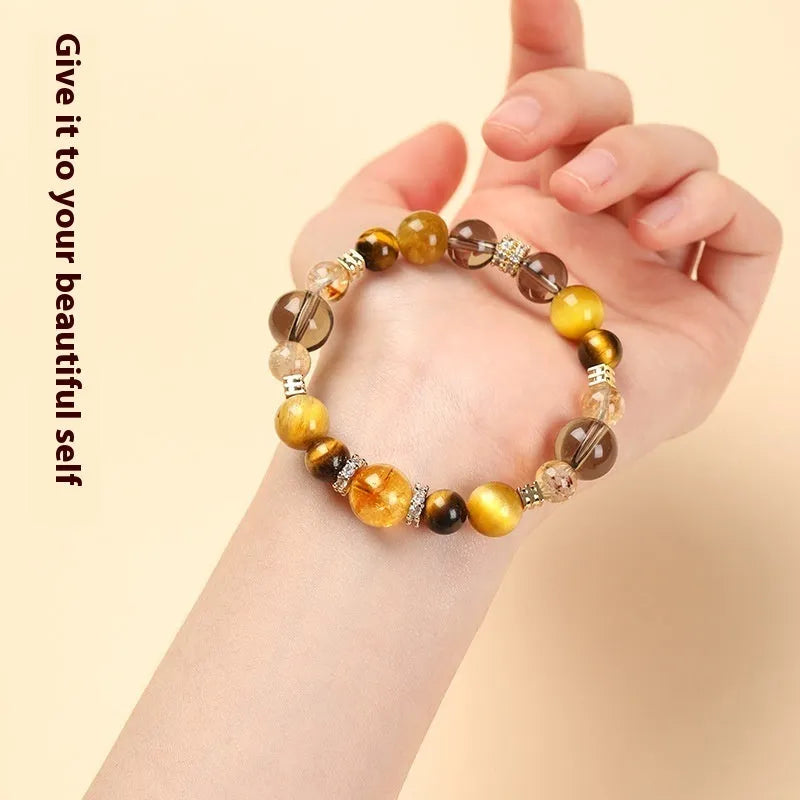 Yellow tiger-eye crystal bracelet with geometric tower pattern in 10mm and 12mm size options