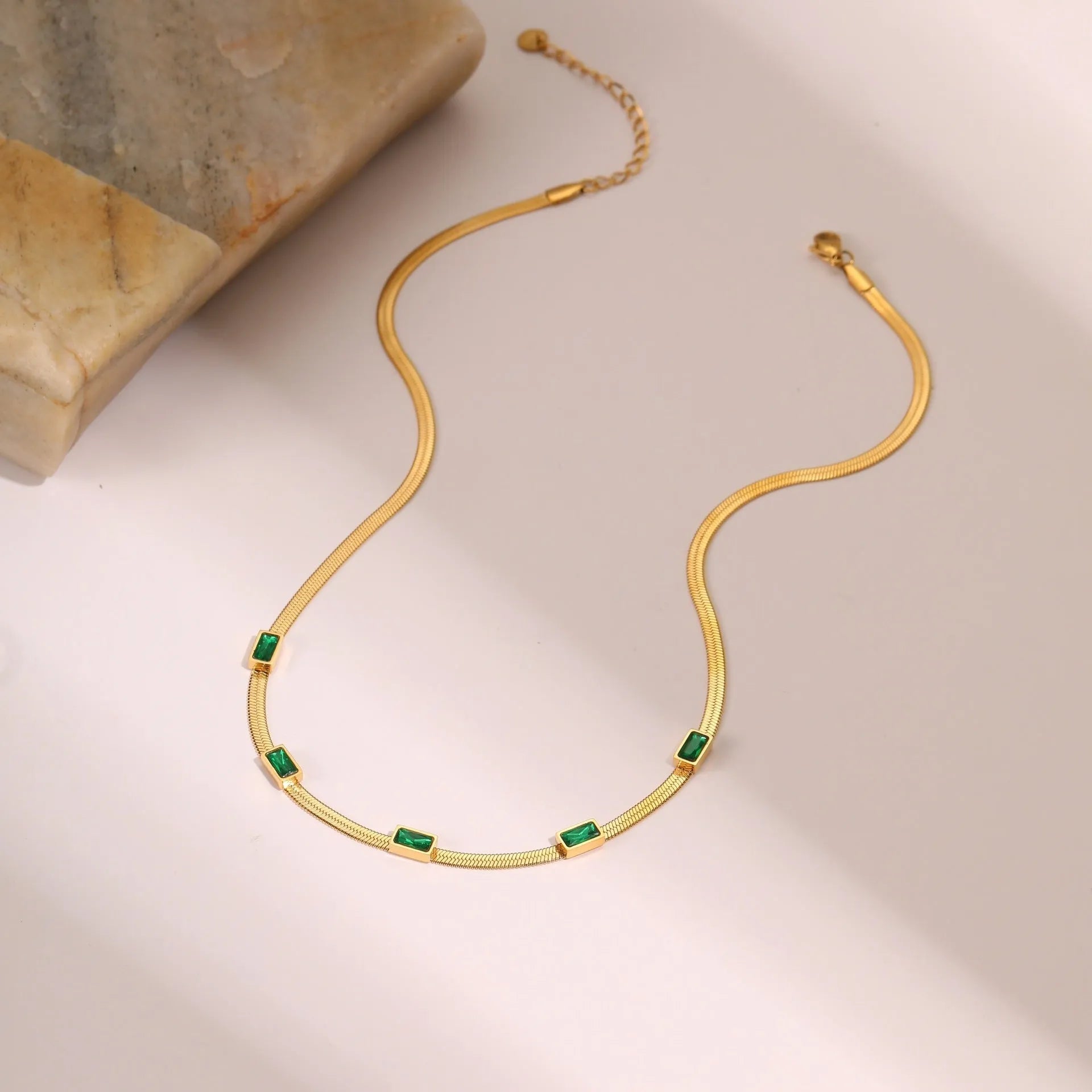 Retro geometric square zircon necklace with stainless steel flat snake chain in gold or steel colour