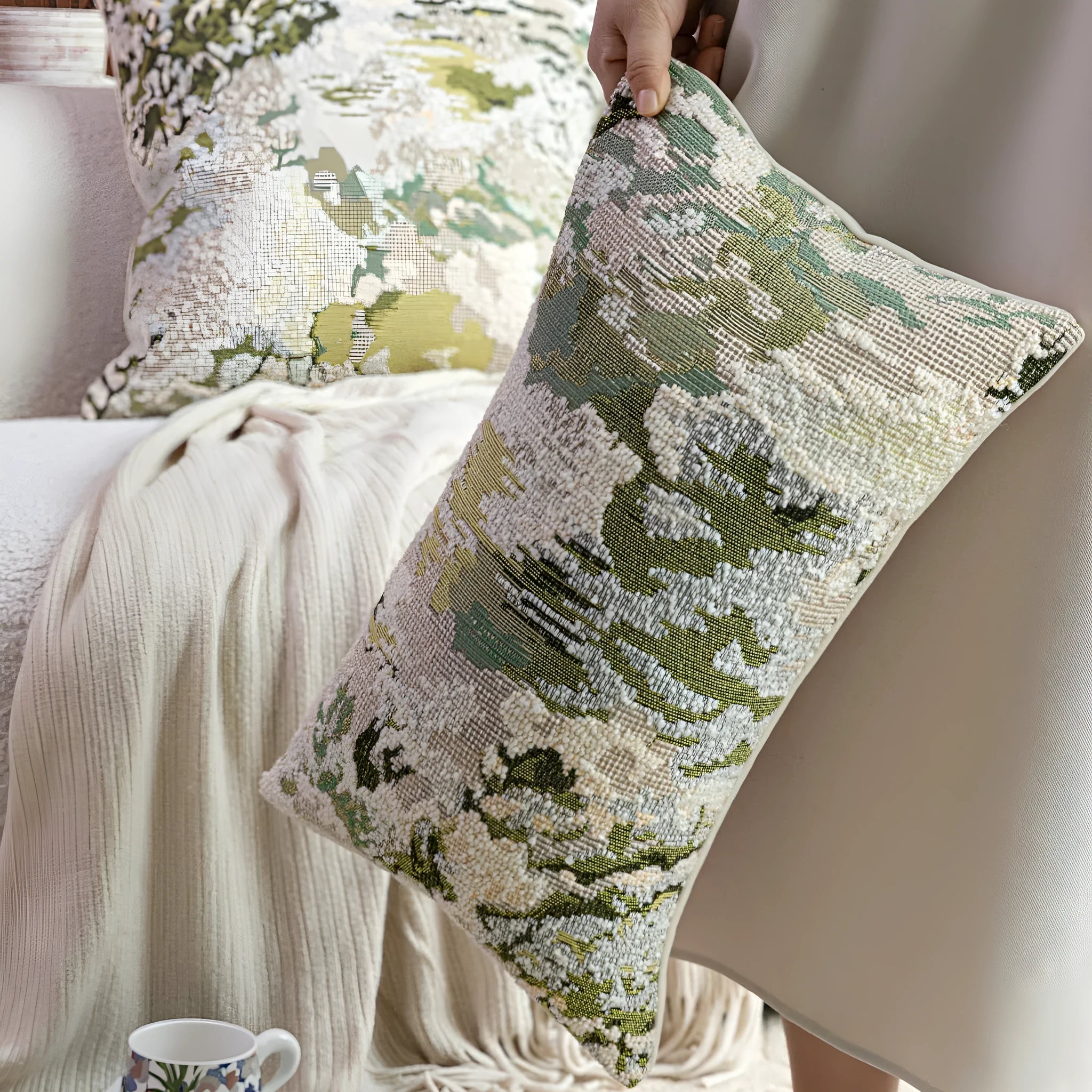 Green abstract plants and flowers pattern wool blend cushion cover on a sofa, showing square and waist pillow sizes.