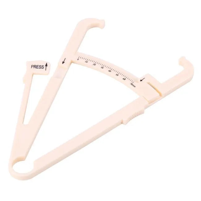 Acrylic body fat caliper measuring tool showing compact design and measurement scale