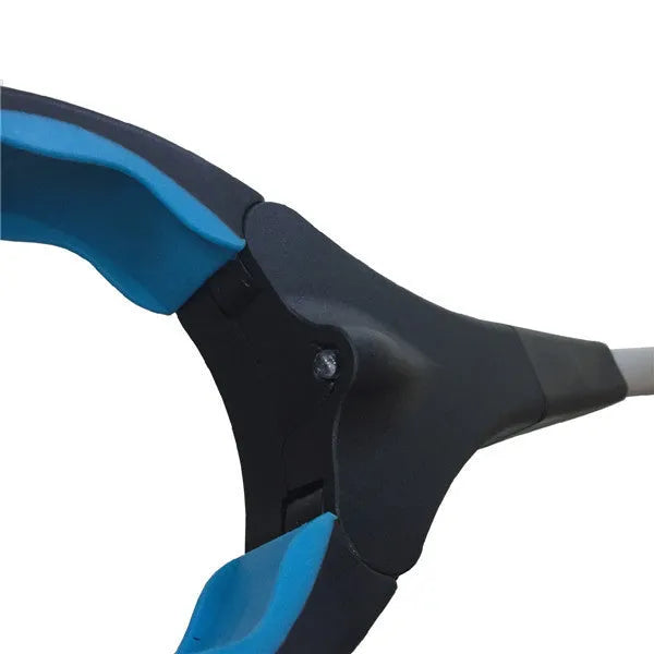 Blue foldable portable pick-up tool with extended aluminium handle and TPR handgrip.