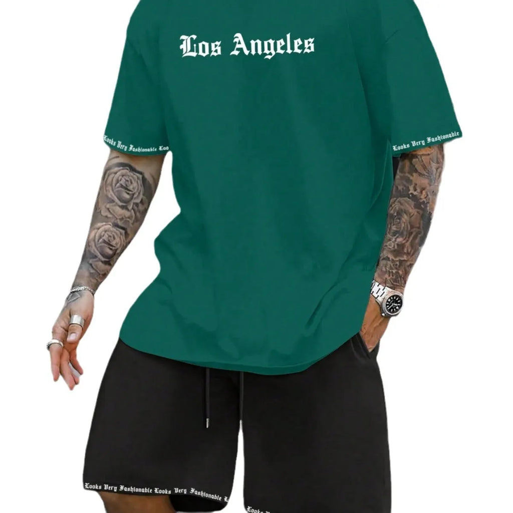 Men's quick-dry polyester sportswear set showing short-sleeved top and matching shorts in a solid colour.