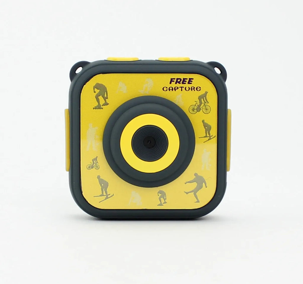 Yellow children's waterproof sports camera with LCD screen showing HD video recording capability