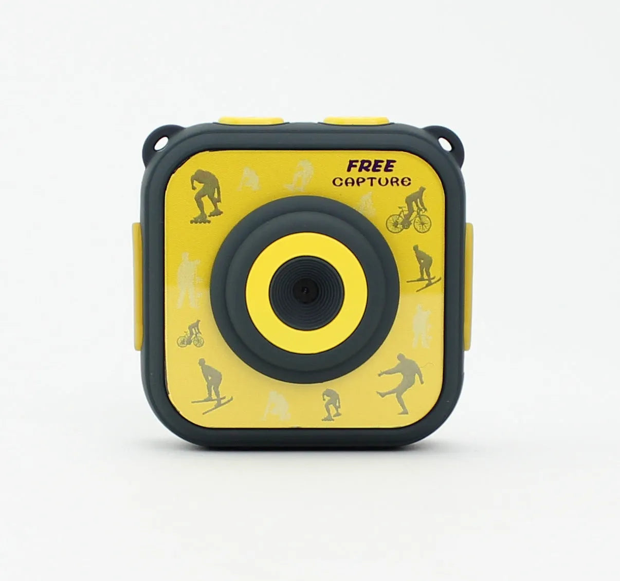 Yellow children's waterproof sports camera with LCD screen showing HD video recording capability