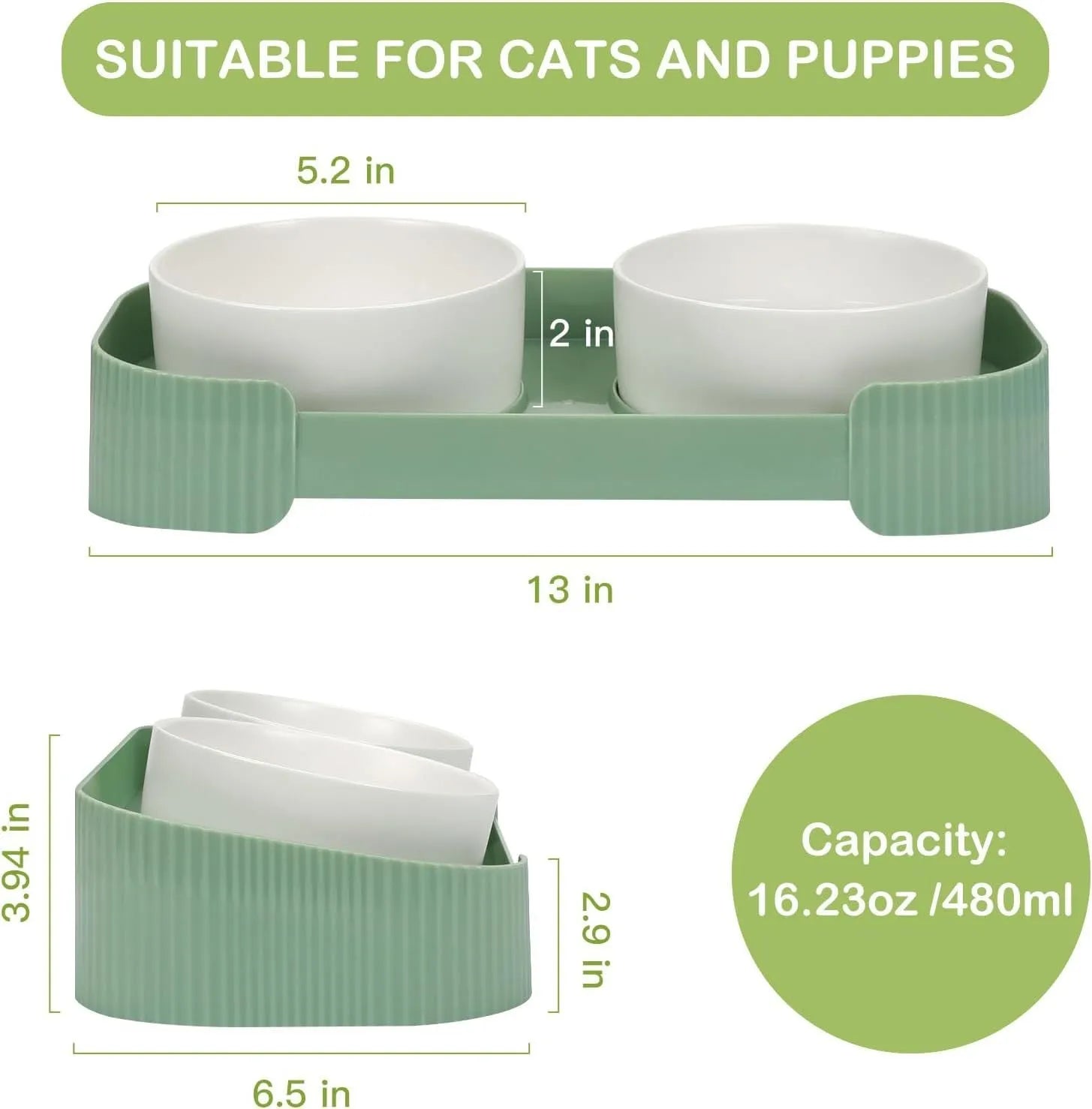 Green ceramic elevated cat bowls with 15-degree tilted stand for food and water