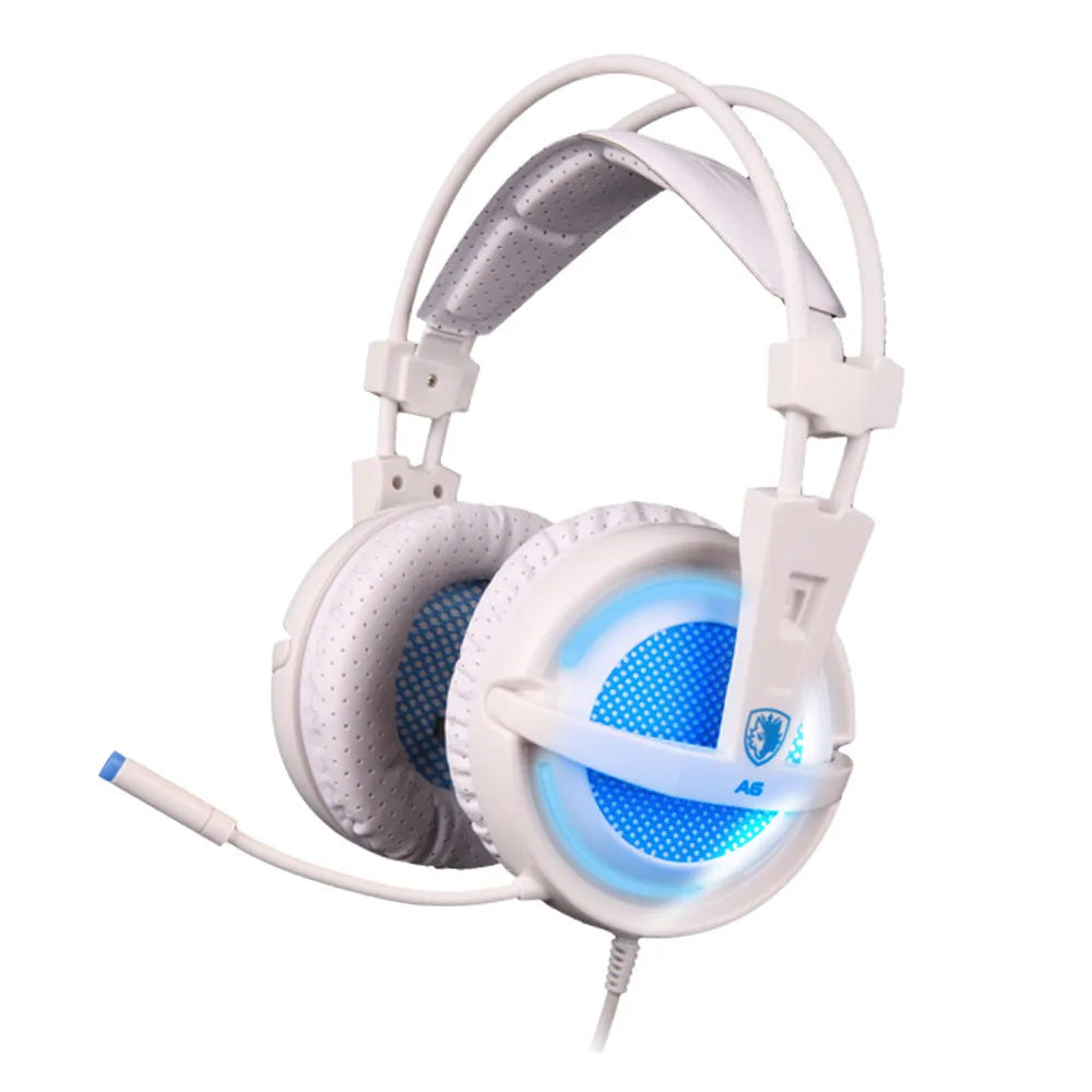 Black and white USB gaming headset with LED lights on ear cups and a padded headband