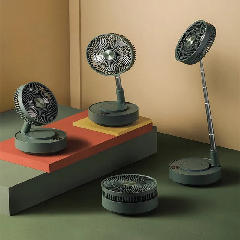 Green telescopic rechargeable floor fan extended to full height with remote control