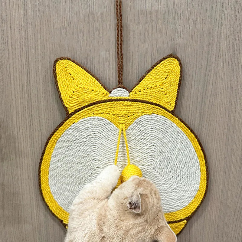 Yellow Corgi design cat scratching board with natural sisal surface measuring 37x40cm