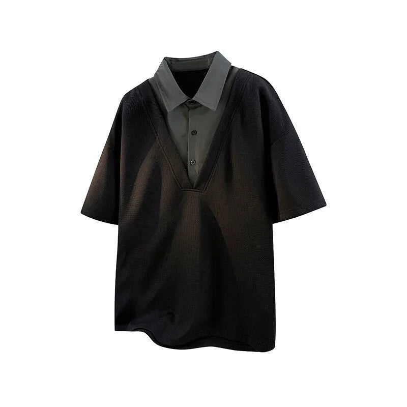 Men's heavy henley collar polo shirt sweater with short sleeves in apricot colour