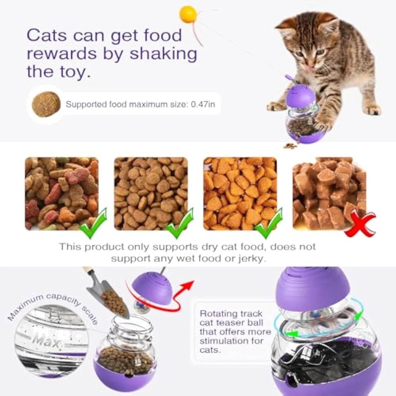 Purple electric interactive cat toy with a bouncing teaser wand and slow feeder dispenser on a rocking base.