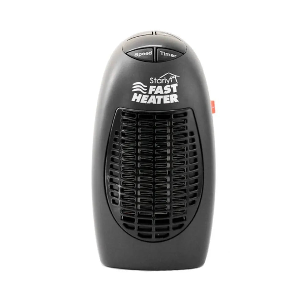 Small black portable ceramic electric heater with digital display on a white background