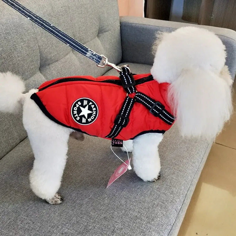 Waterproof dog winter coat with harness opening in rain silk fabric