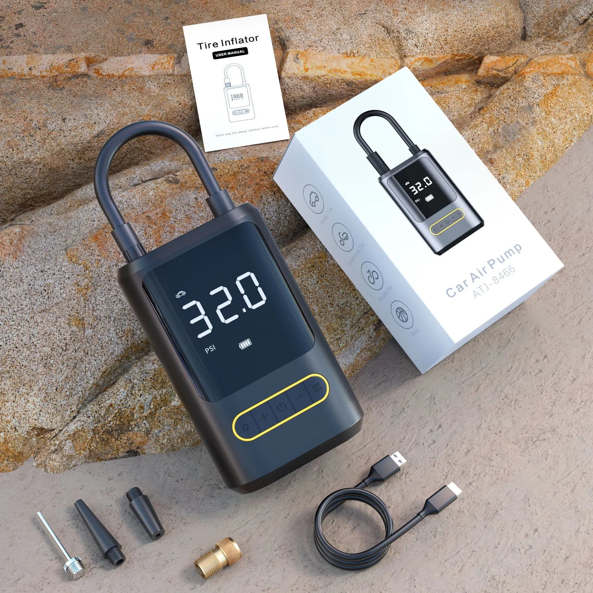 Handheld wireless digital display car tyre inflator pump with LED light and four air nozzles