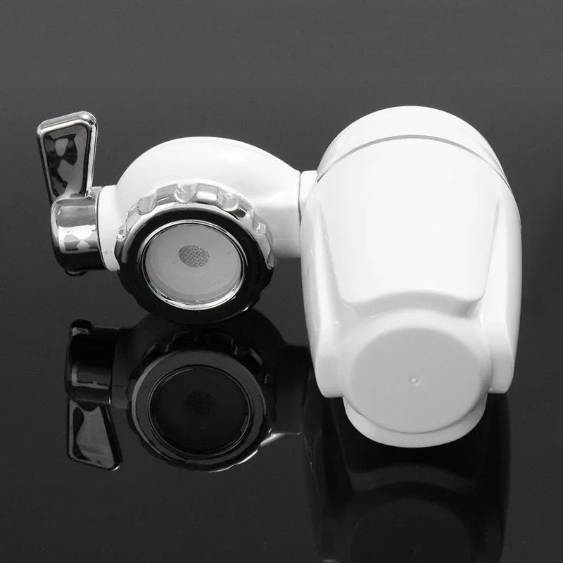 White plastic faucet water filter with ceramic cartridge and set of tap thread adapters