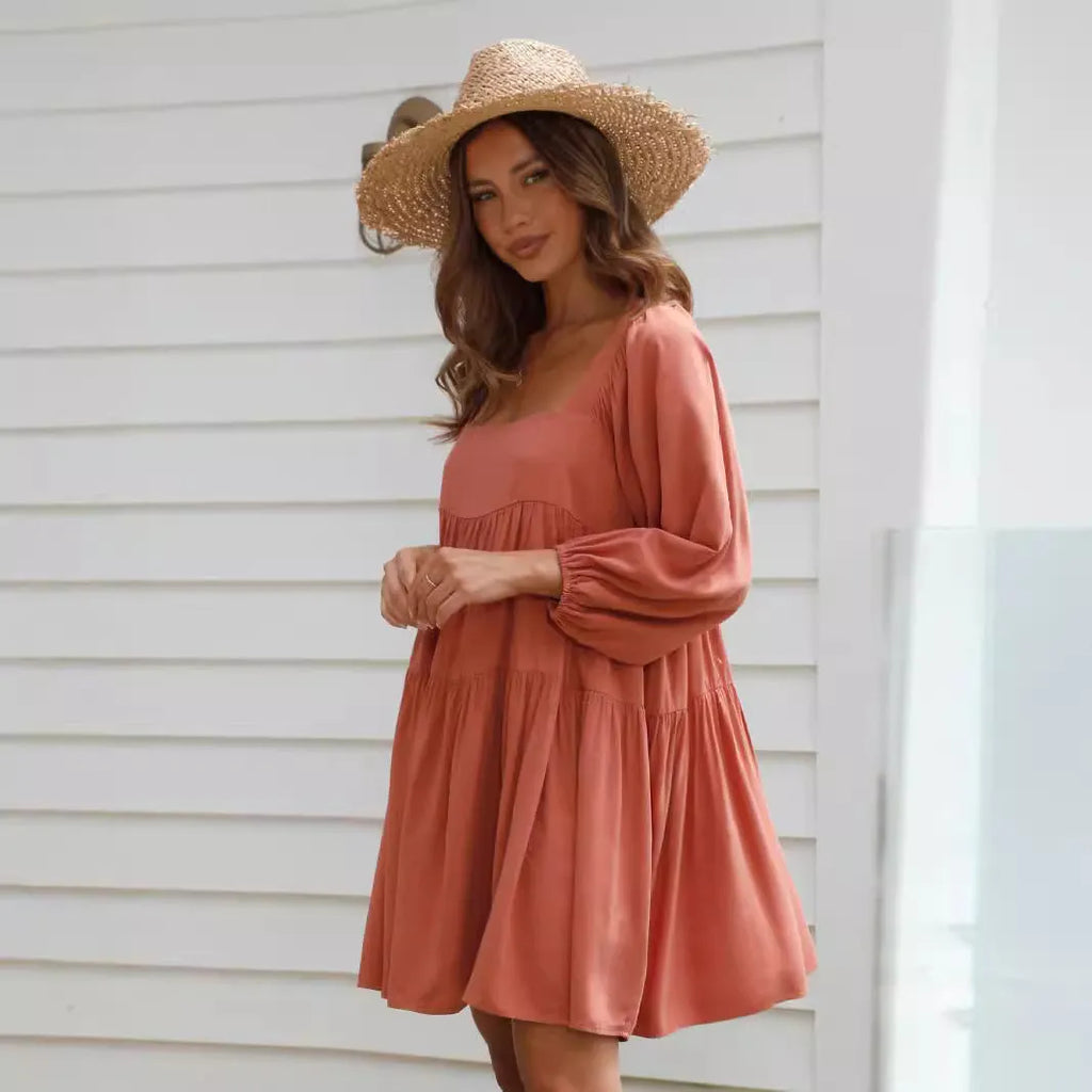 Orange red children's backless dress with square collar, puff sleeves, and A-line skirt