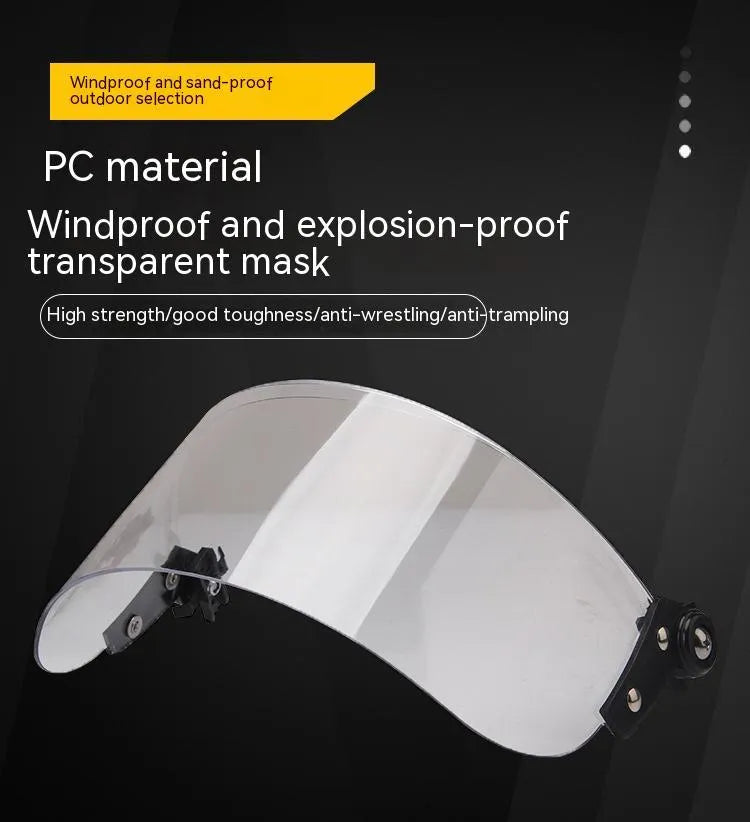 Transparent PC helmet face protection shield with windproof lens on guide rail mount