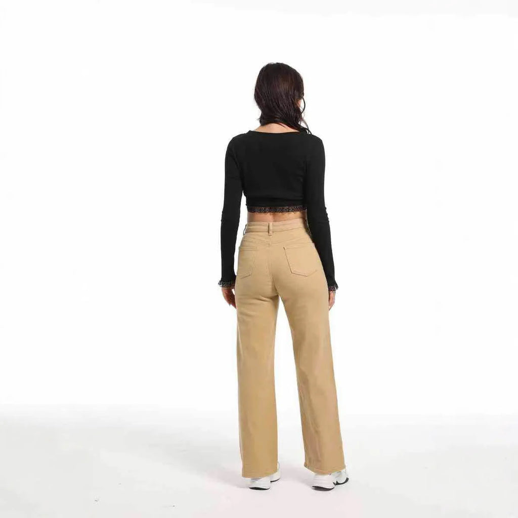 Women's high waist wide leg trousers in apricot and khaki cotton fabric with elastic waistband