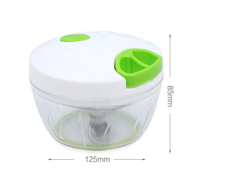 Green manual kitchen chopper with three stainless steel blades and a 500ml capacity bowl.
