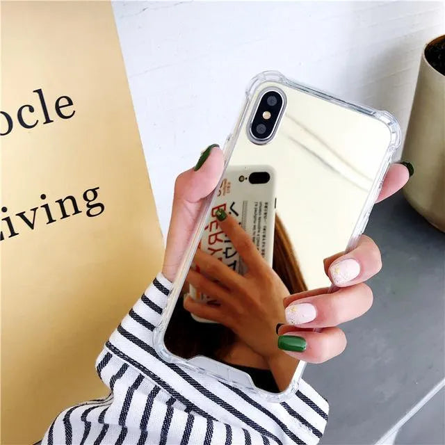 Mirror iPhone Case in various colours including black, blue, gold, rose gold, silver, and transparent.