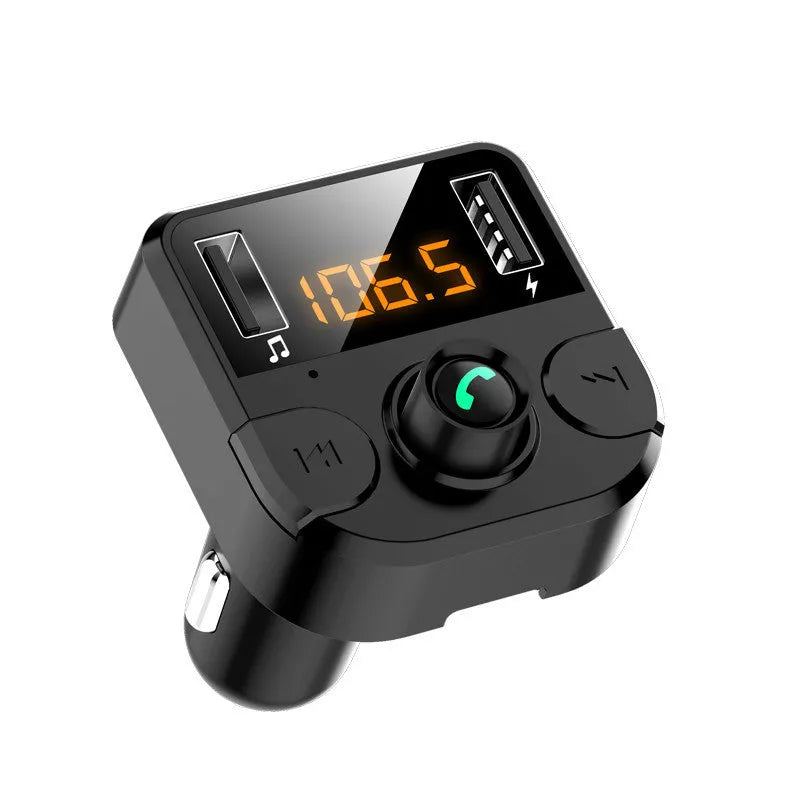 Black BT36B car Bluetooth MP3 player with 1.1-inch screen, plugged into a vehicle cigarette lighter socket.