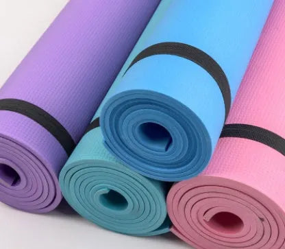 EVA fitness yoga mat in choice of 4mm or 6mm thickness, shown in blue colour with anti-skid texture.