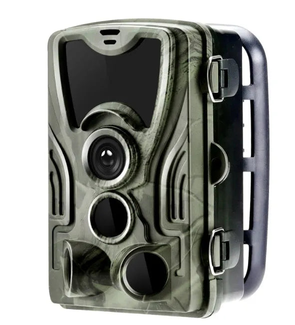 Green cellular trail camera with lens display and mounting bracket for outdoor wildlife monitoring