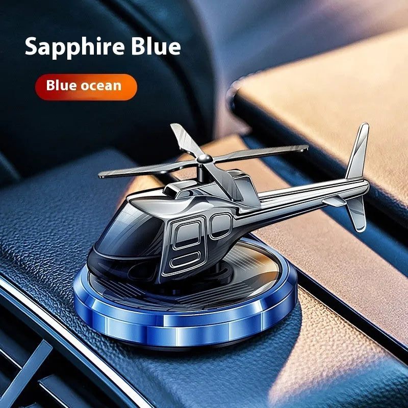 Metal solar-powered rotating helicopter car air freshener ornament in three colour options