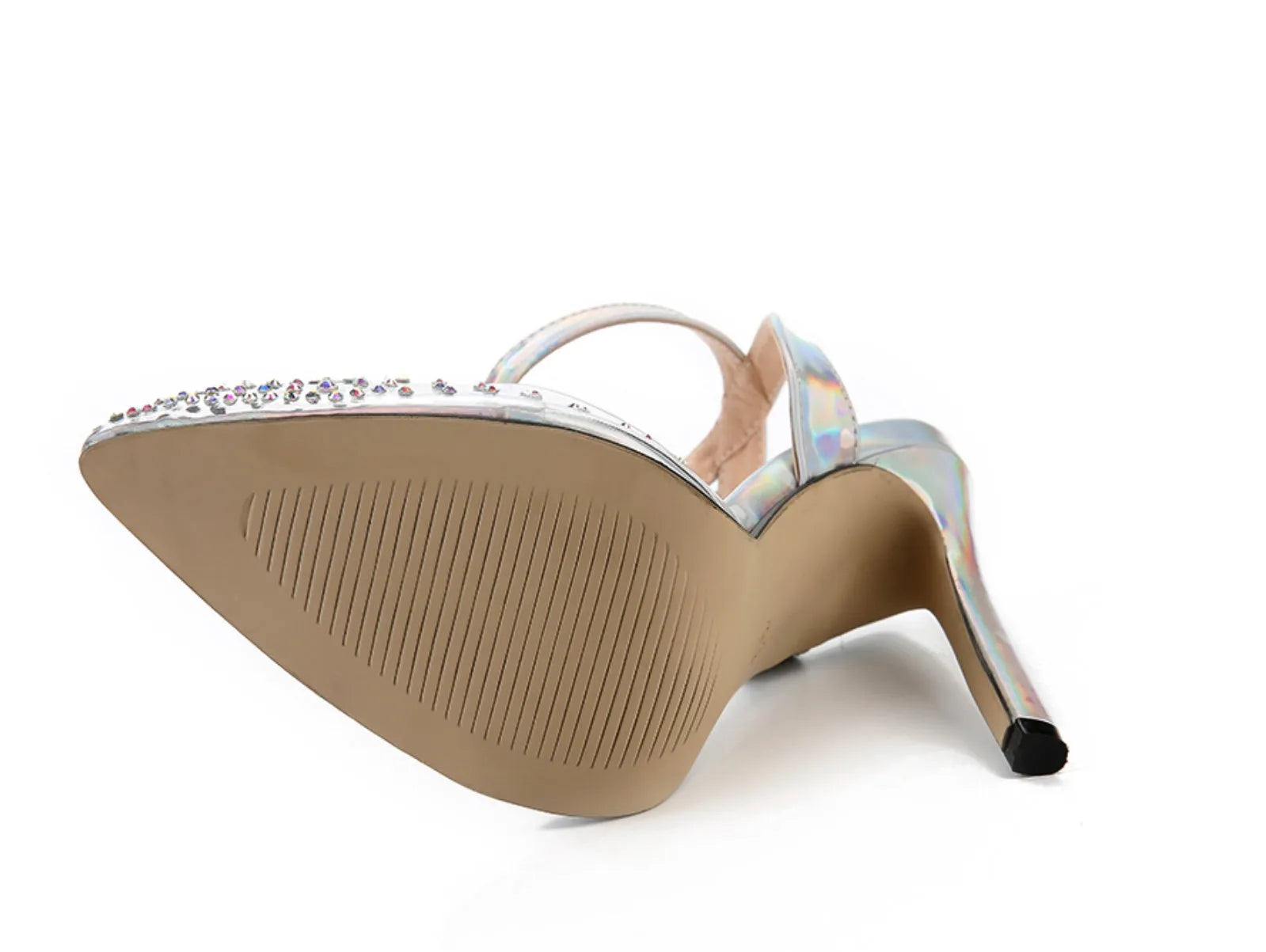 Women's pointed toe stiletto sandals with crystal diamond embellishment on the PVC upper.