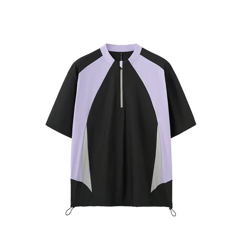 Men's solid colour lightweight polyester top with stitching detail, shown in black and beige with both sleeve length options.