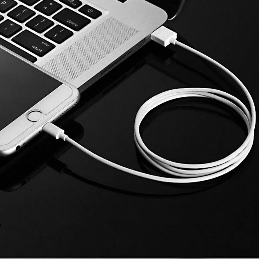 White 5V 2A USB wall charger and white USB to Lightning cable for iPhone and iPad.