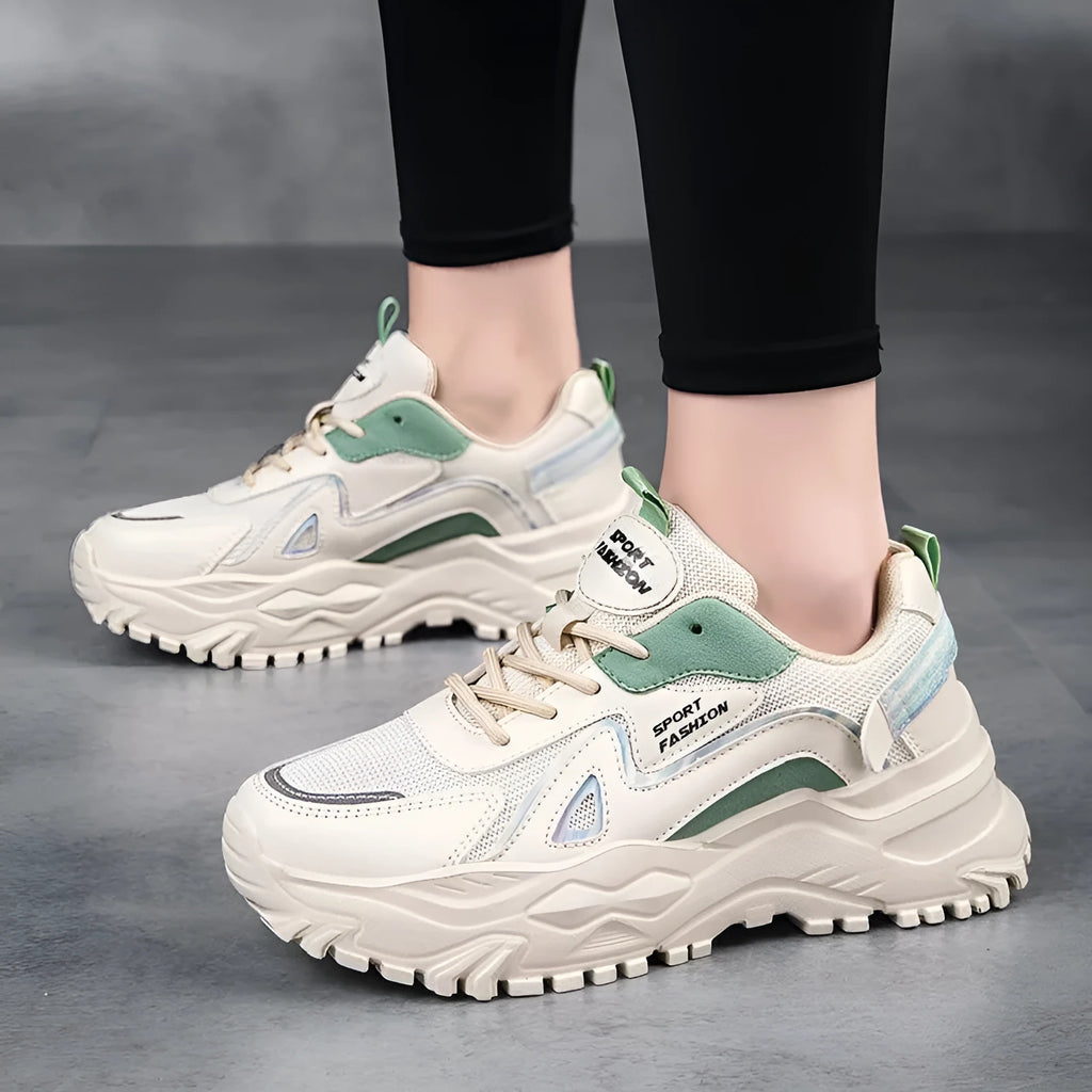 Beige green sports dad low top mesh board shoes with round toe and flat heel