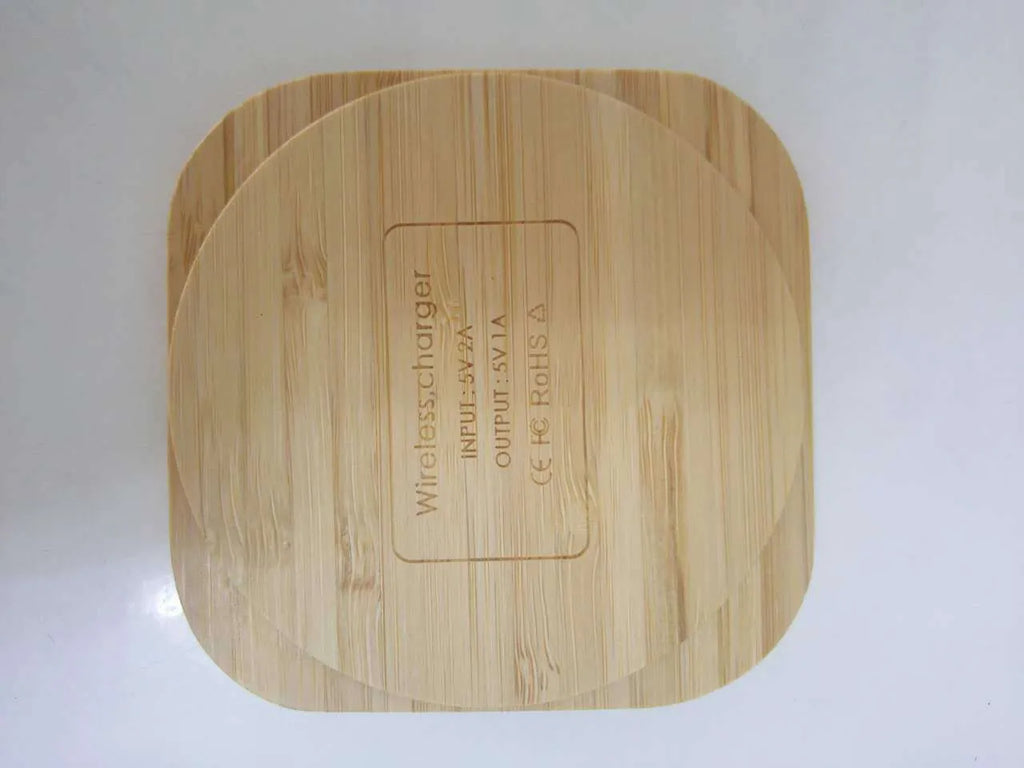 Brown square wooden bamboo wireless charging pad with Qi 5W charging capability