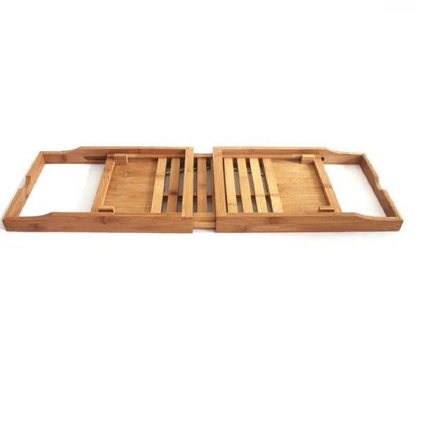 Natural bamboo bathtub frame with a single storage tier for bathroom organisation.