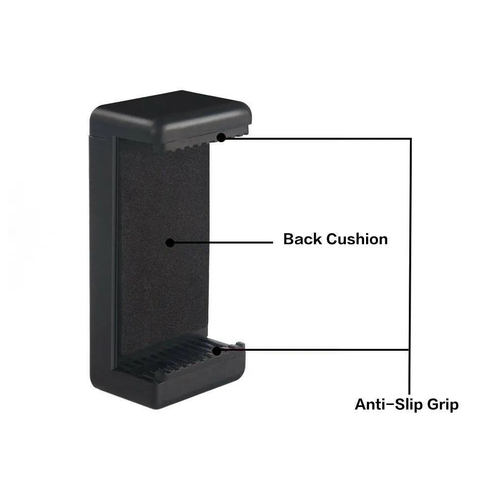 Black plastic rotating phone holder with clamp mechanism showing 10x4x3.5mm dimensions