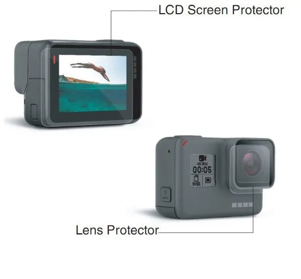 GoPro Hero 5 6 7 transparent tempered glass lens and LCD screen protector films laid flat.