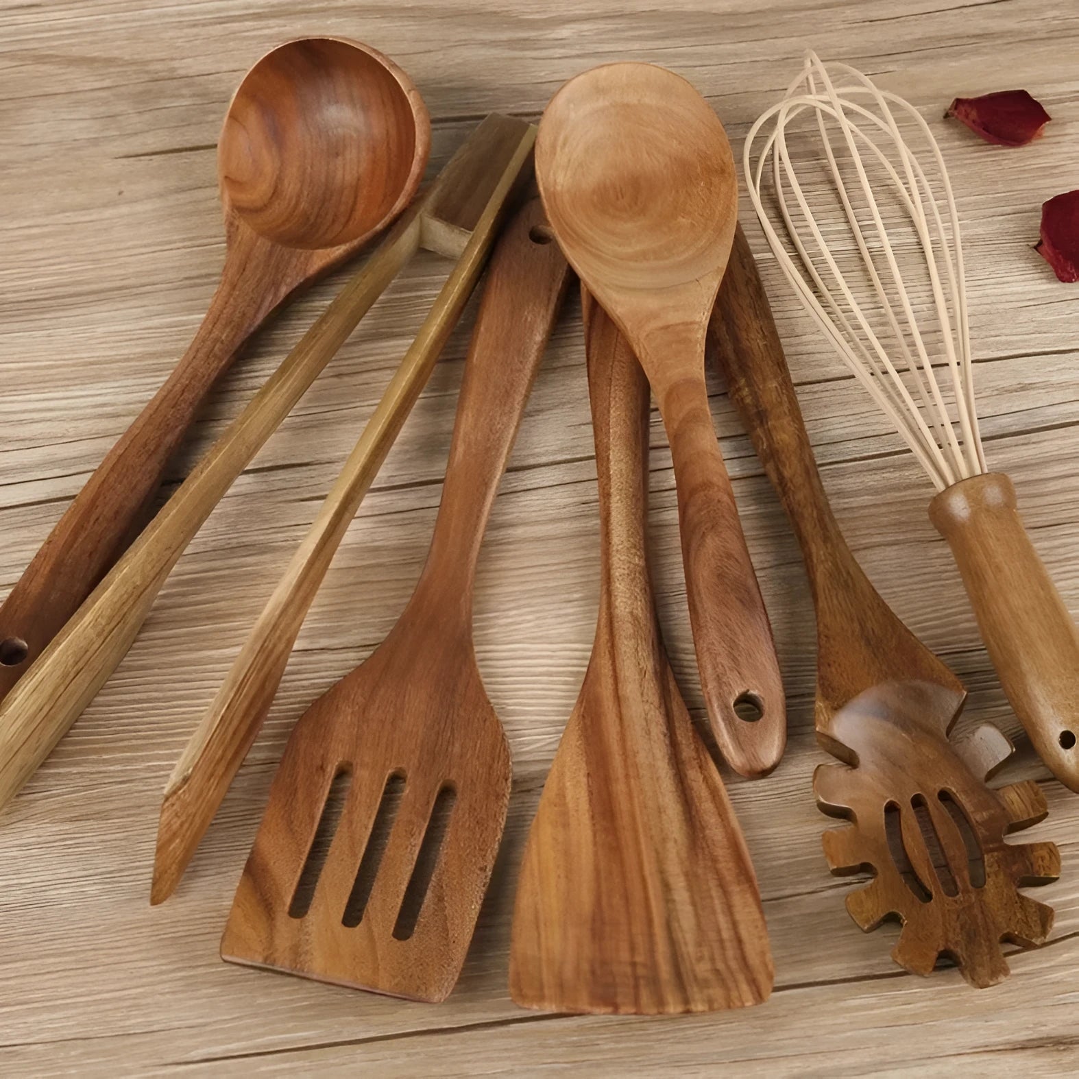 Seven wooden cooking utensils including spoons and shovels for non-stick pan protection