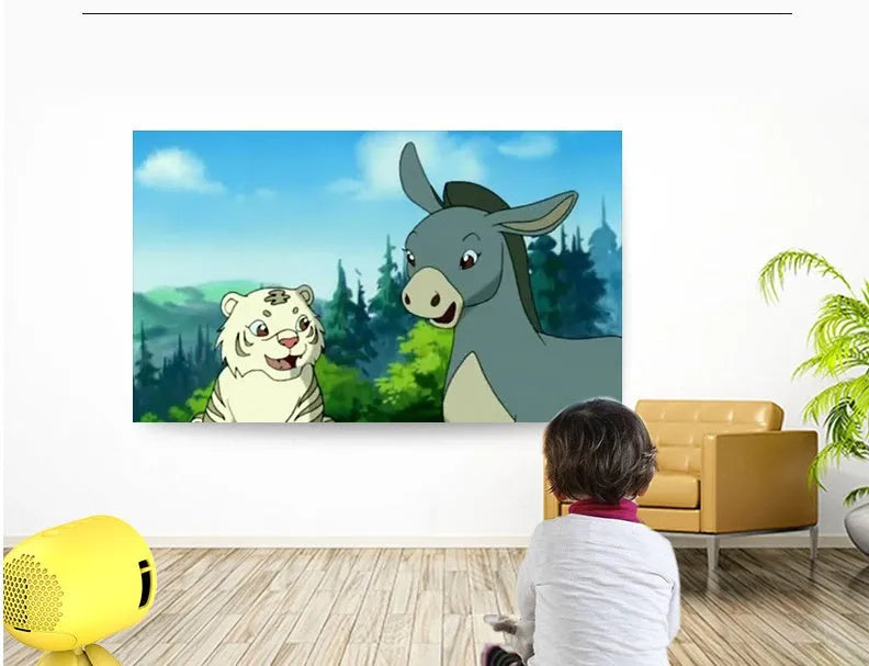 YG220 portable LED projector in white or yellow colour on a table projecting a movie scene.