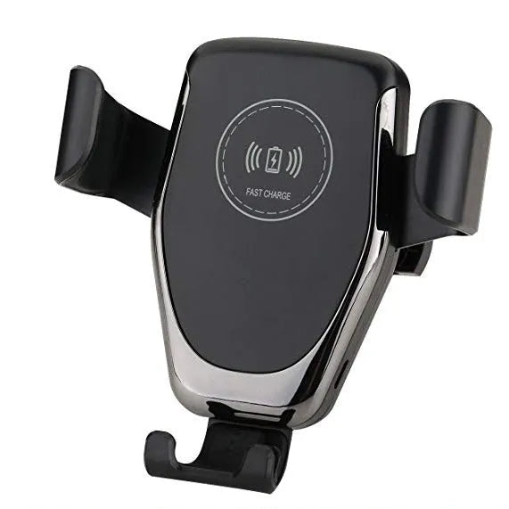 Black car wireless charger mount holding Apple iPhone with automatic clamping arms on car dashboard