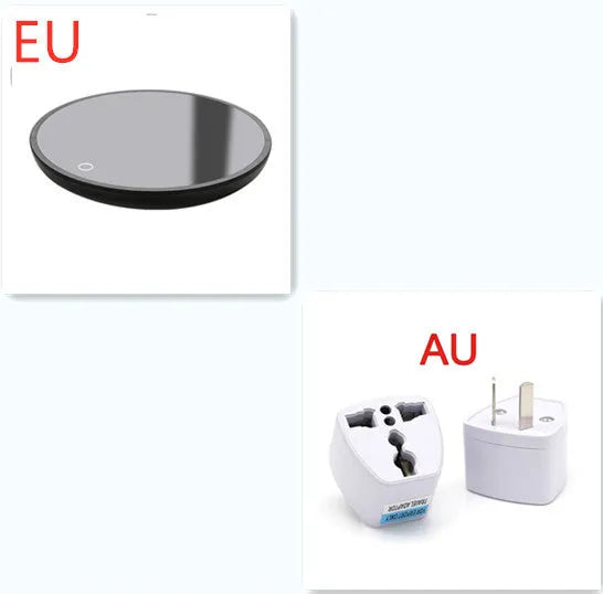 Black coffee mug warmer with dual temperature buttons and 12cm tempered glass heating surface