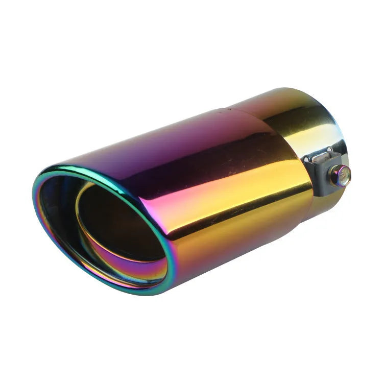 Stainless steel car modification exhaust tailpipe in bright silver and baked blue finishes.